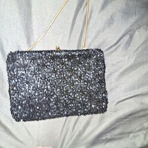 Vintage Black Beaded Sequin Clutch with Gold Chain Purse